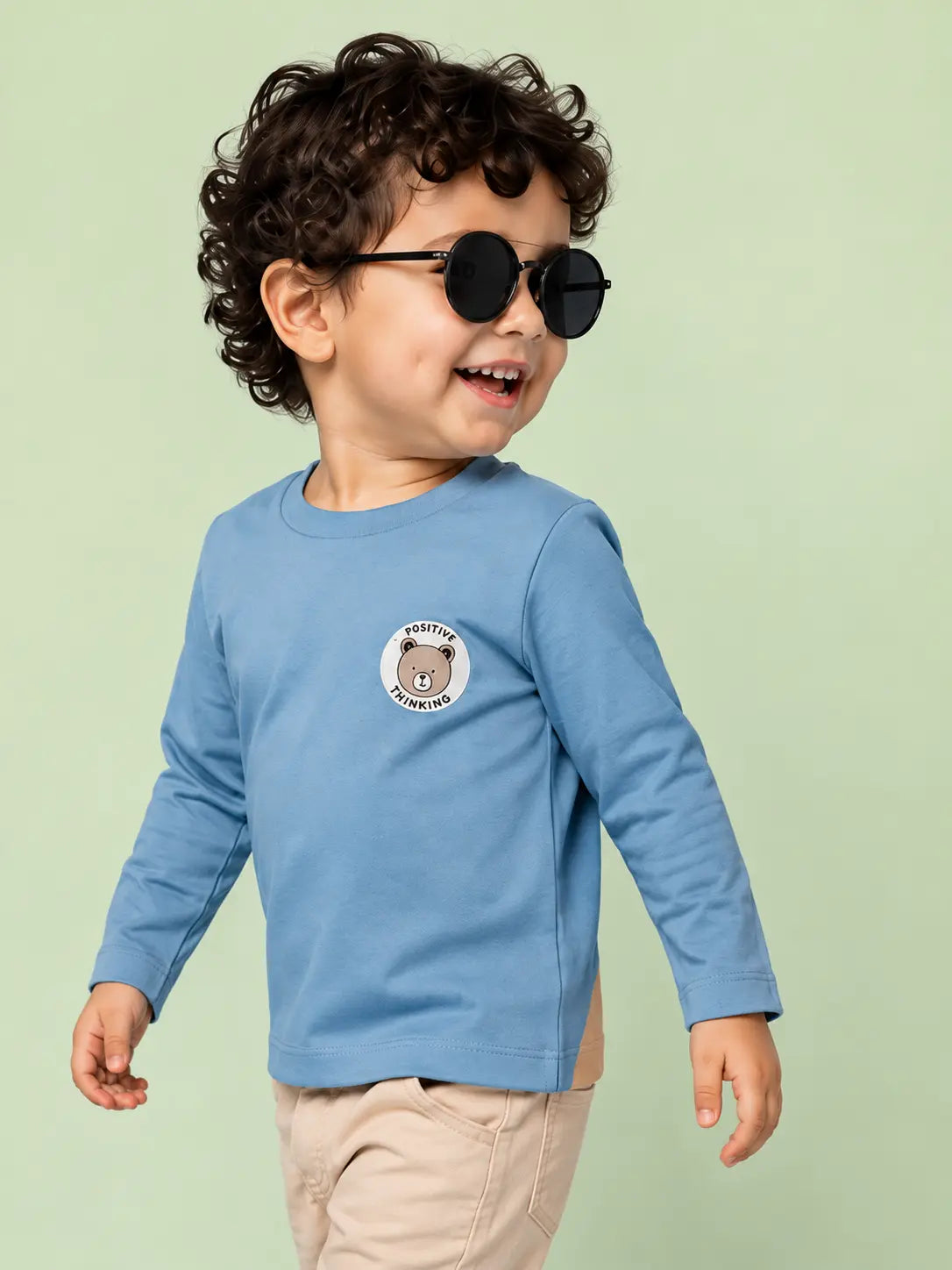 BloomUp Blue Positive Thinking Bear Patch Full Sleeve T-Shirt for Kids – Soft Cotton Daily Wear Top for Boys & Girls