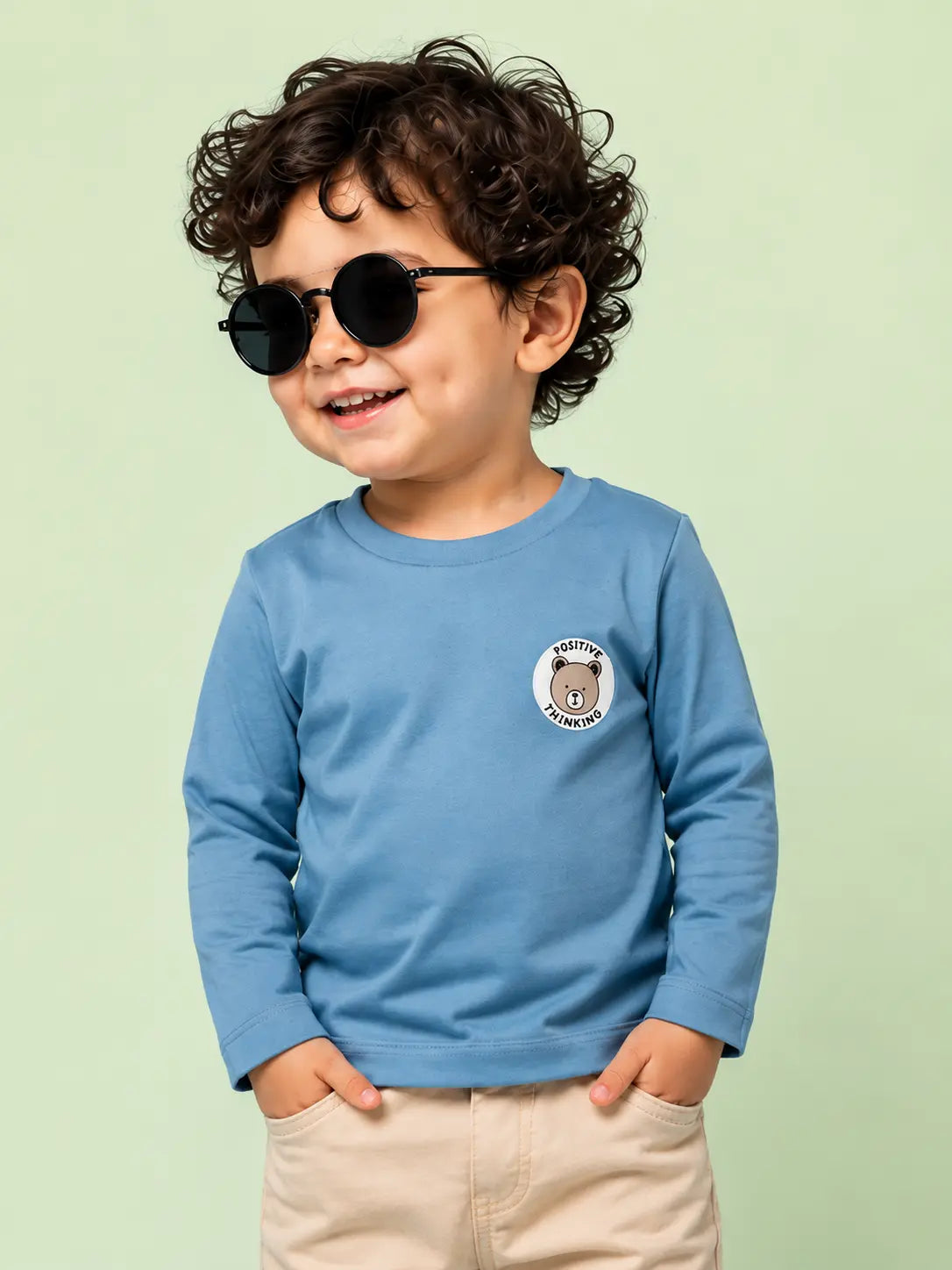 BloomUp Blue Positive Thinking Bear Patch Full Sleeve T-Shirt for Kids – Soft Cotton Daily Wear Top for Boys & Girls
