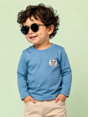 BloomUp Blue Positive Thinking Bear Patch Full Sleeve T-Shirt for Kids – Soft Cotton Daily Wear Top for Boys & Girls