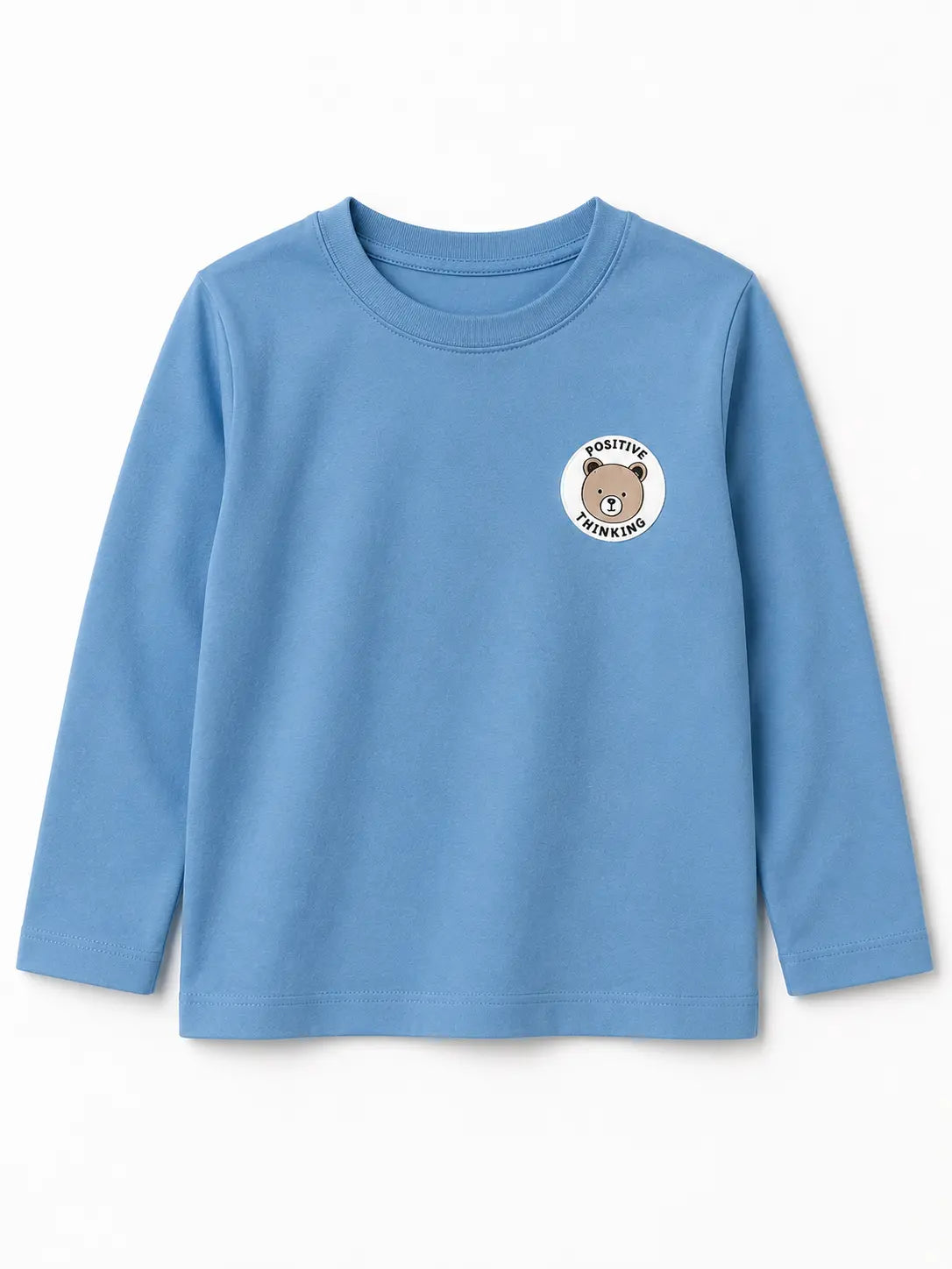 BloomUp Blue Positive Thinking Bear Patch Full Sleeve T-Shirt for Kids – Soft Cotton Daily Wear Top for Boys & Girls