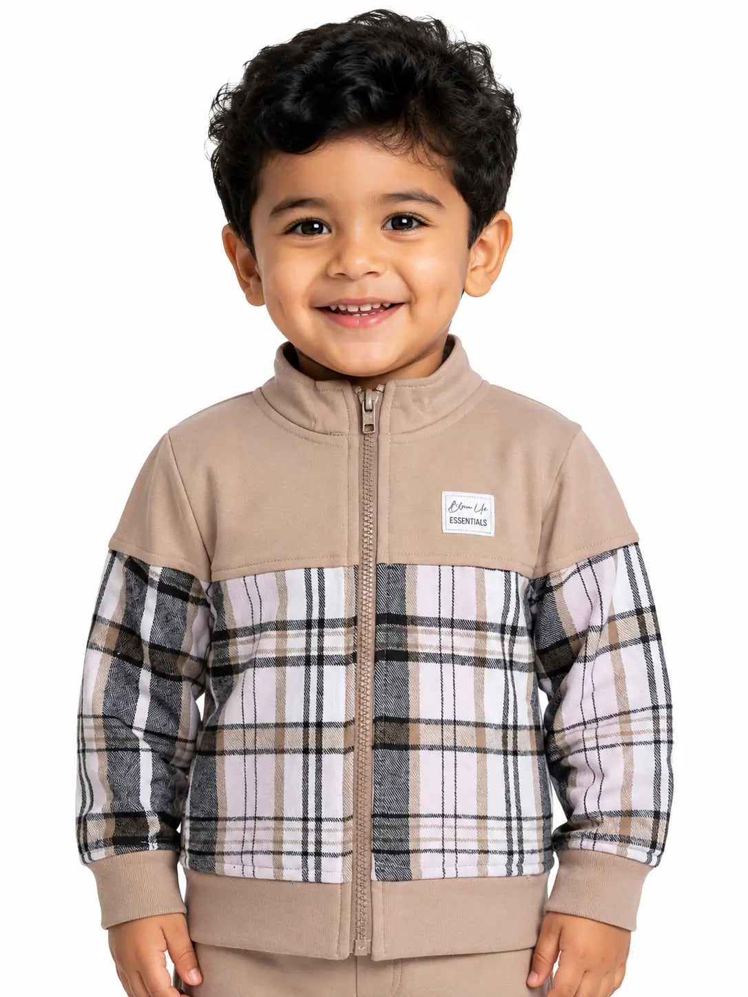 BloomUp Beige Plaid Zip-Up Jacket for Kids – Soft Warm Winter Outerwear for Boys & Girls
