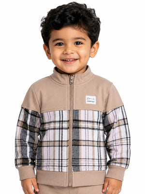 BloomUp Beige Plaid Zip-Up Jacket for Kids – Soft Warm Winter Outerwear for Boys & Girls