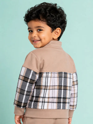 BloomUp Beige Plaid Zip-Up Jacket for Kids – Soft Warm Winter Outerwear for Boys & Girls