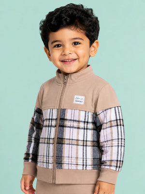 BloomUp Beige Plaid Zip-Up Jacket for Kids – Soft Warm Winter Outerwear for Boys & Girls