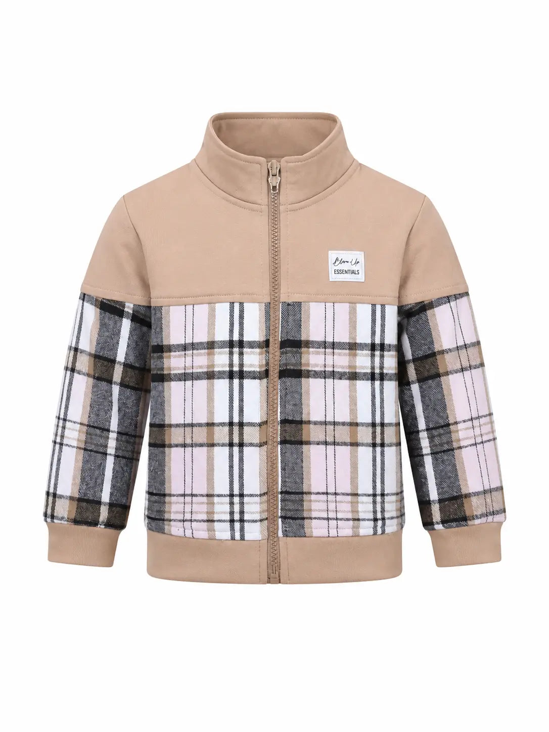 BloomUp Beige Plaid Zip-Up Jacket for Kids – Soft Warm Winter Outerwear for Boys & Girls