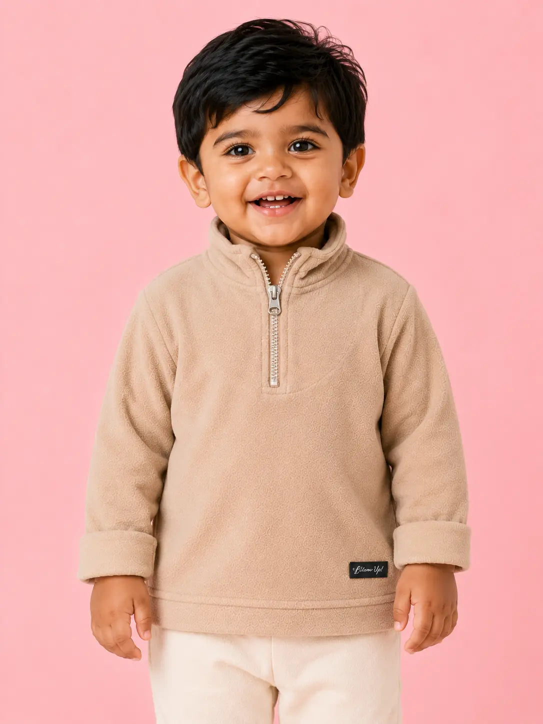 Beige Half-Zip Winter Fleece Pullover for Kids – Soft Textured Warm Sweatshirt Casual Comfort Wear