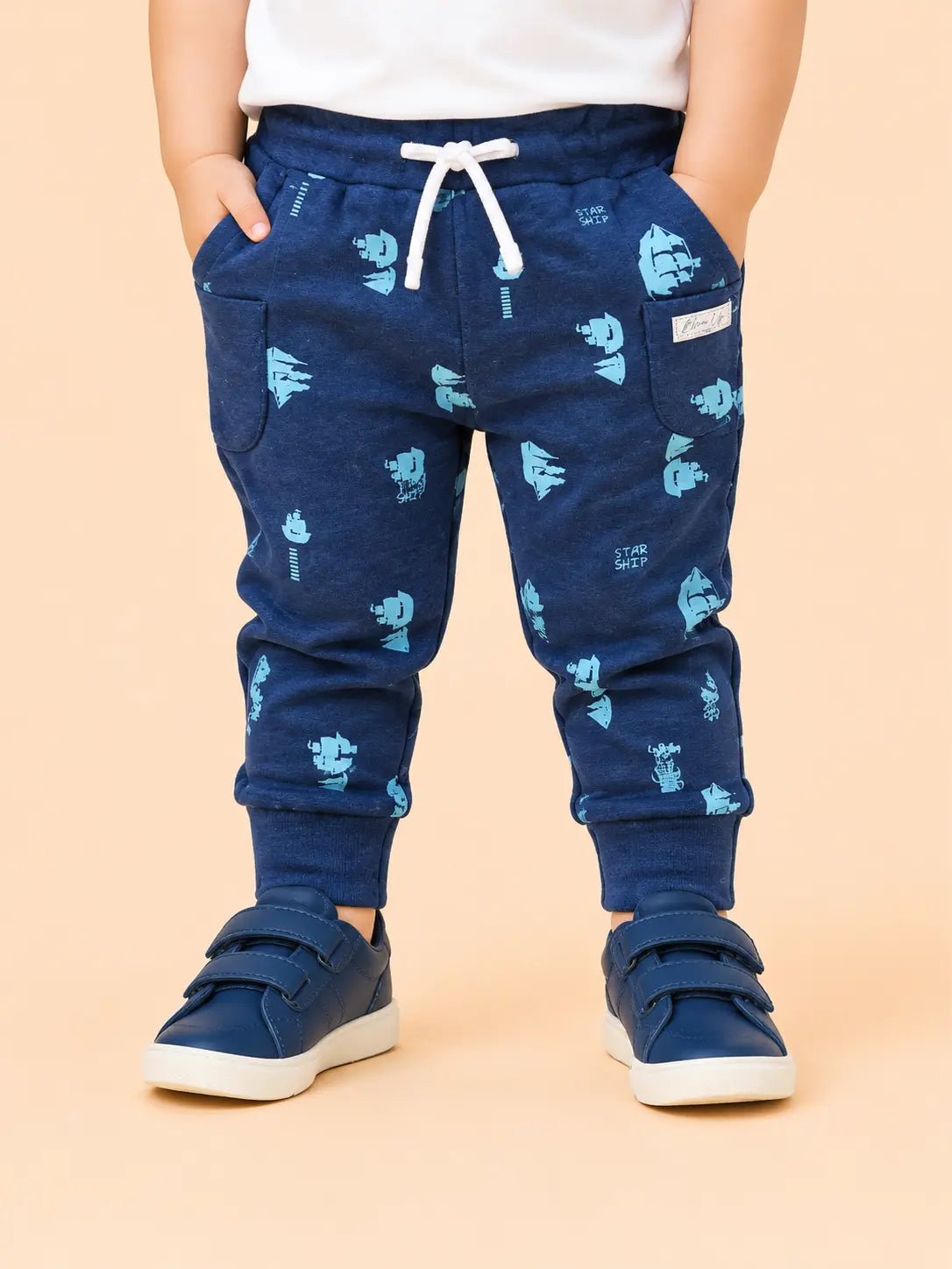 BloomUp Navy Blue Space Print Jogger Pants for Baby Boys – Soft Cotton Casual Bottomwear