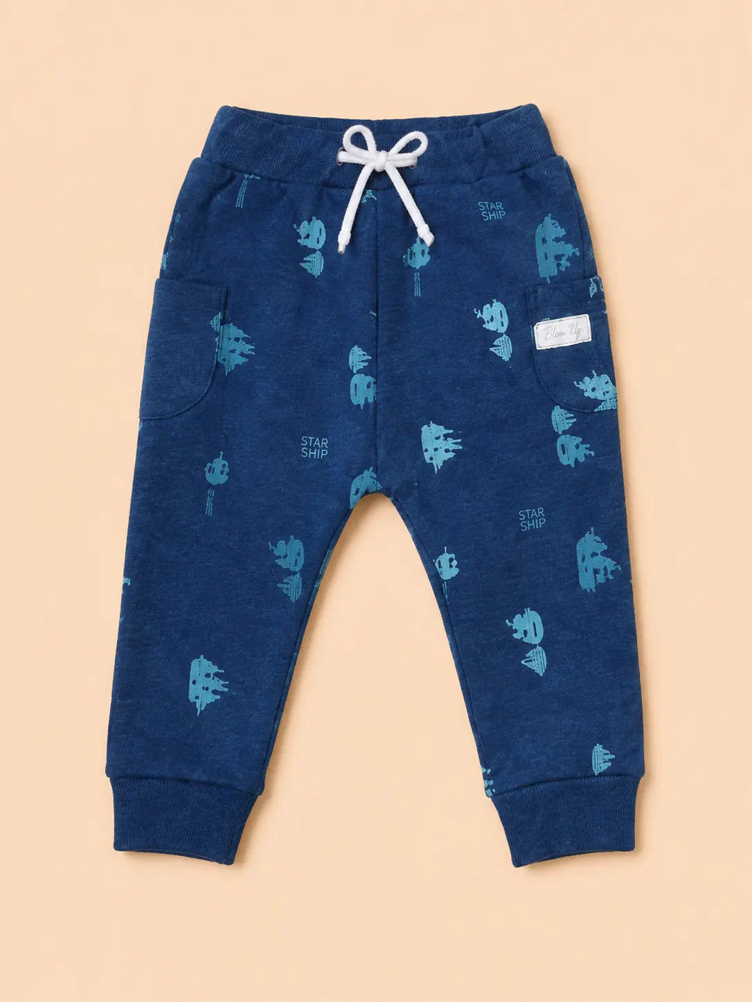 BloomUp Navy Blue Space Print Jogger Pants for Baby Boys – Soft Cotton Casual Bottomwear