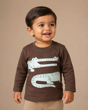 BloomUp Brown Crocodile Graphic Kids T-Shirt – Soft Cotton Full Sleeve Casual Wear Tee