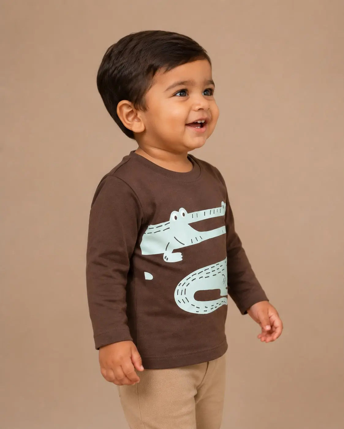 BloomUp Brown Crocodile Graphic Kids T-Shirt – Soft Cotton Full Sleeve Casual Wear Tee