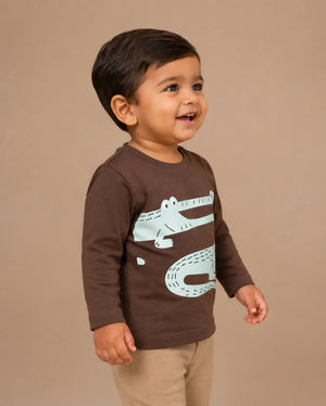 BloomUp Brown Crocodile Graphic Kids T-Shirt – Soft Cotton Full Sleeve Casual Wear Tee