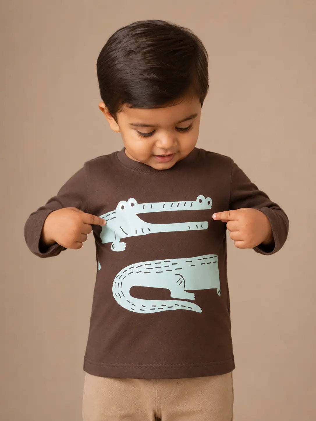BloomUp Brown Crocodile Graphic Kids T-Shirt – Soft Cotton Full Sleeve Casual Wear Tee