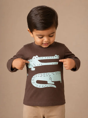 BloomUp Brown Crocodile Graphic Kids T-Shirt – Soft Cotton Full Sleeve Casual Wear Tee