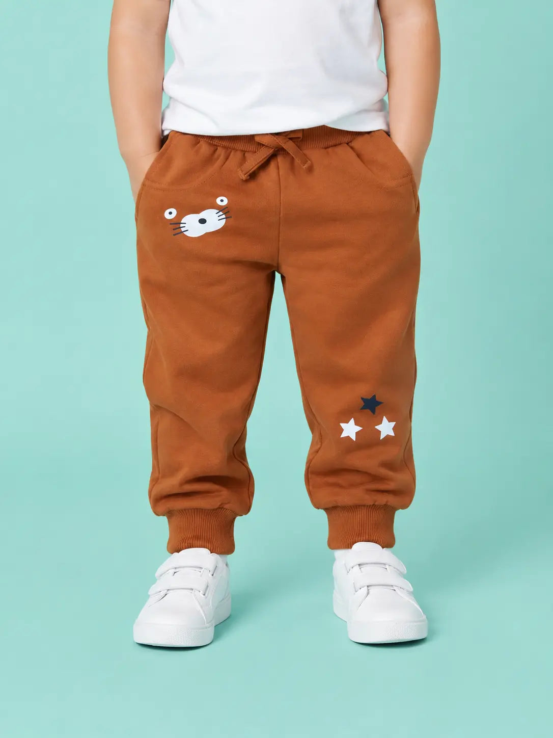 BloomUp Rust Brown Graphic Jogger Pants for Baby Boys – Soft Cotton Winter Track Pants