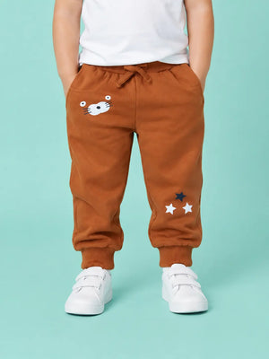BloomUp Rust Brown Graphic Jogger Pants for Baby Boys – Soft Cotton Winter Track Pants