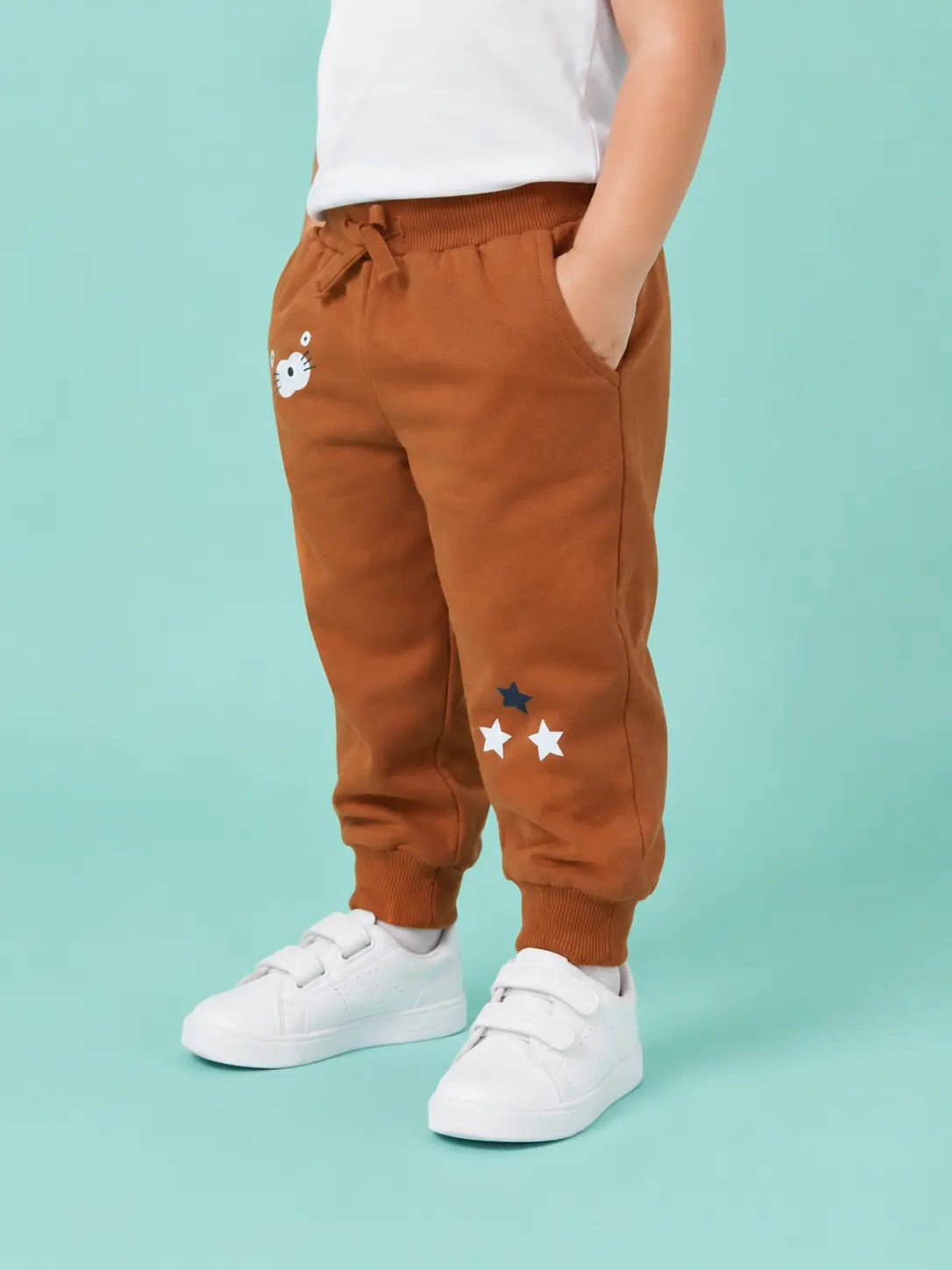 BloomUp Rust Brown Graphic Jogger Pants for Baby Boys – Soft Cotton Winter Track Pants