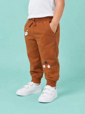 BloomUp Rust Brown Graphic Jogger Pants for Baby Boys – Soft Cotton Winter Track Pants