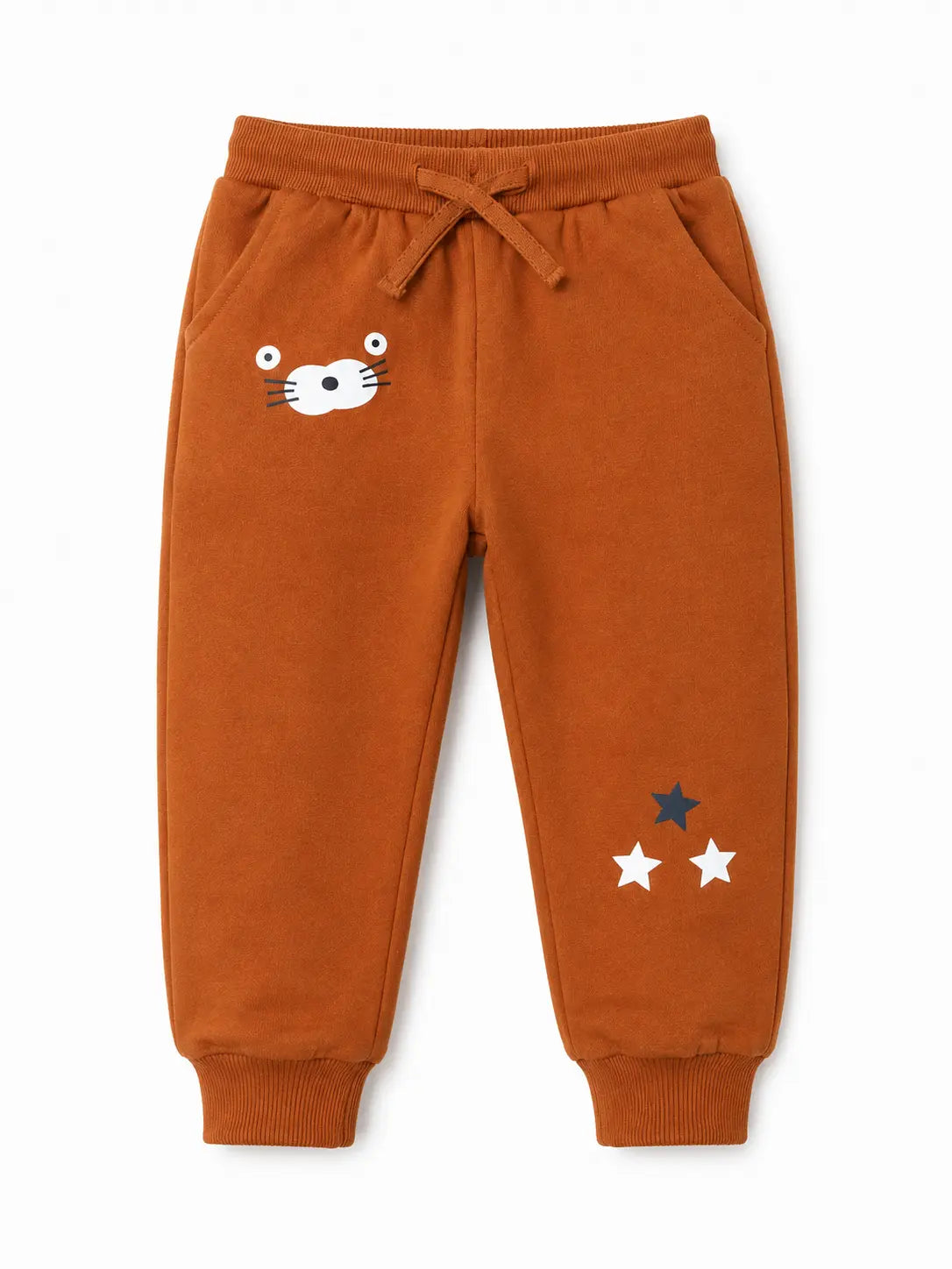 BloomUp Rust Brown Graphic Jogger Pants for Baby Boys – Soft Cotton Winter Track Pants
