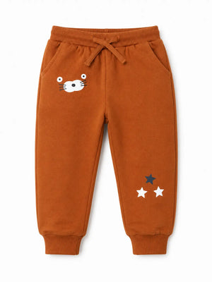 BloomUp Rust Brown Graphic Jogger Pants for Baby Boys – Soft Cotton Winter Track Pants