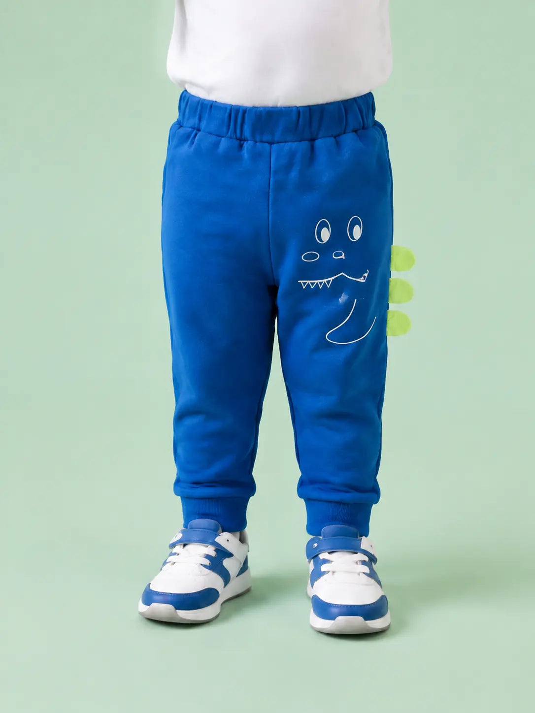 BloomUp Royal Blue Dinosaur Graphic Jogger Pants for Baby Boys – Soft Cotton Casual Bottomwear