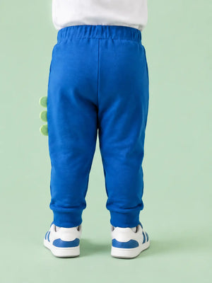 BloomUp Royal Blue Dinosaur Graphic Jogger Pants for Baby Boys – Soft Cotton Casual Bottomwear
