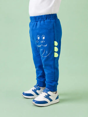 BloomUp Royal Blue Dinosaur Graphic Jogger Pants for Baby Boys – Soft Cotton Casual Bottomwear