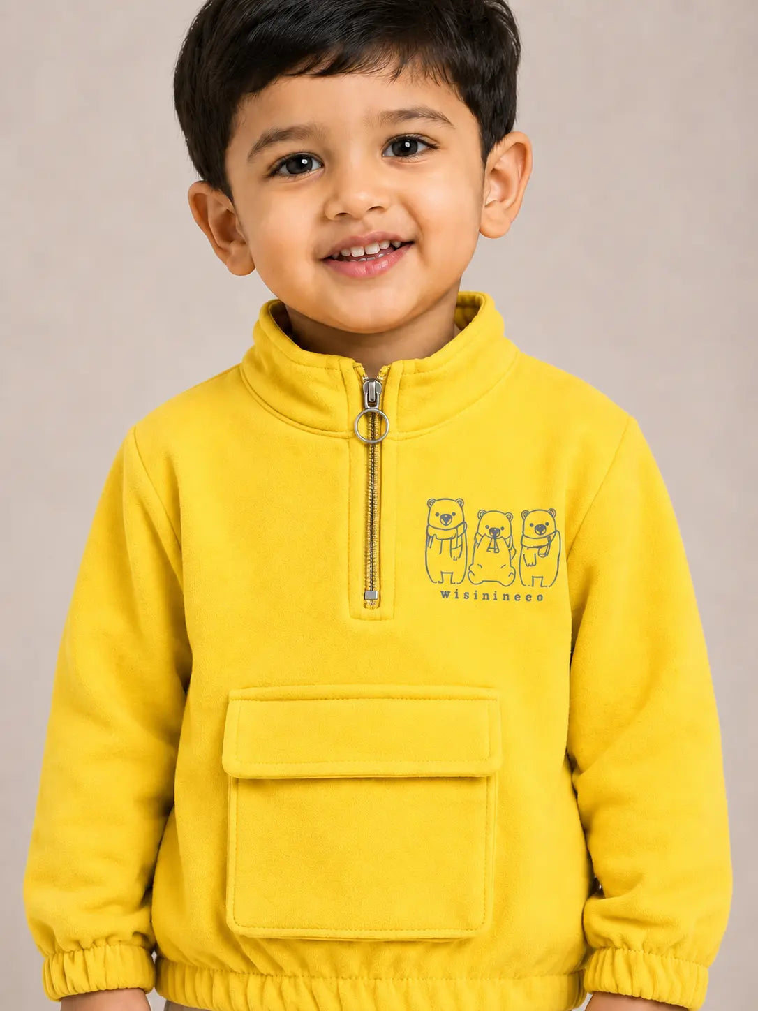 BloomUp Yellow Bear Graphic Half-Zip Sweatshirt for Kids – Soft Textured Winter Wear Pullover with Front Pocket