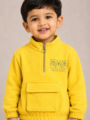 BloomUp Yellow Bear Graphic Half-Zip Sweatshirt for Kids – Soft Textured Winter Wear Pullover with Front Pocket