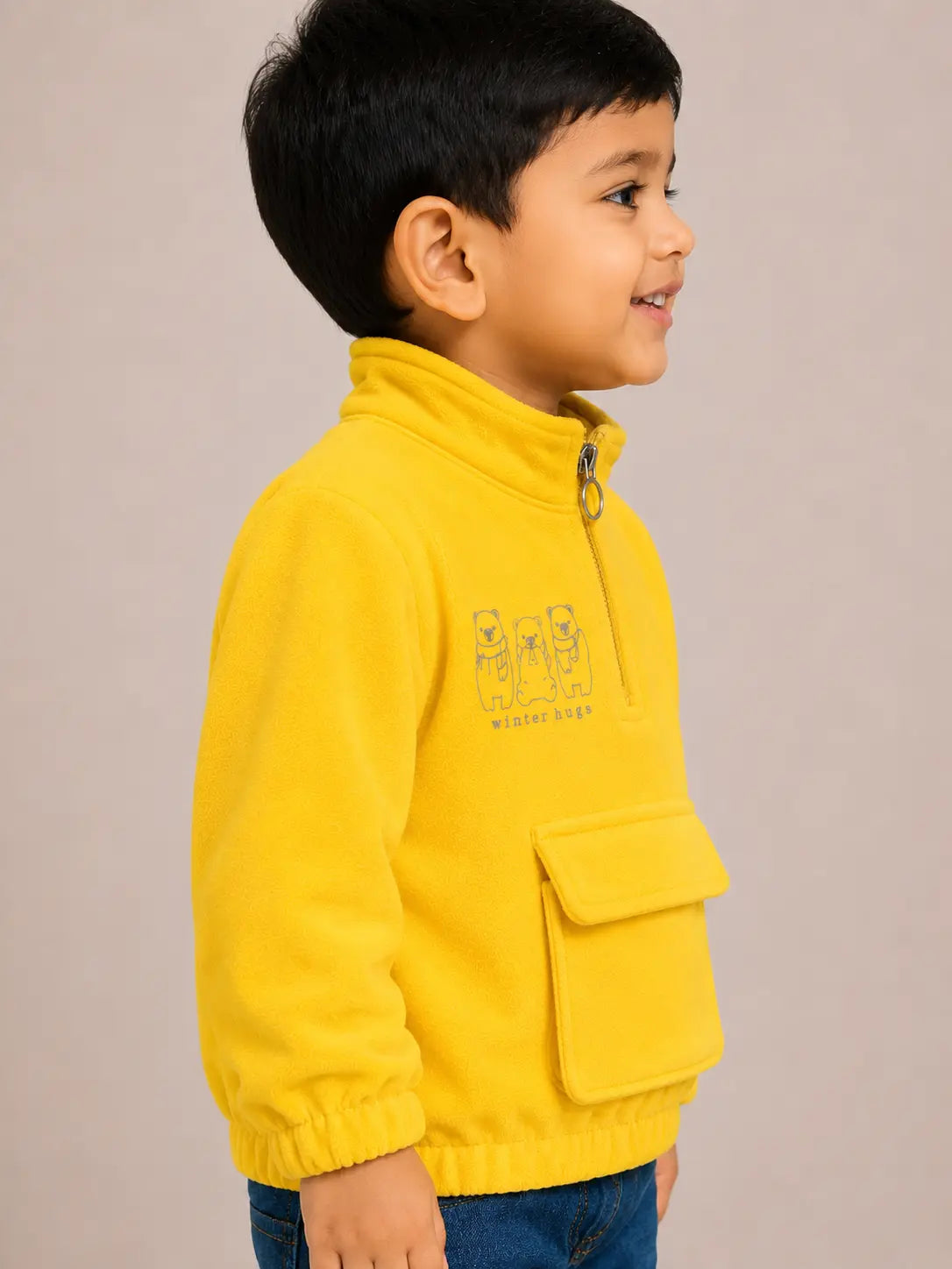 BloomUp Yellow Bear Graphic Half-Zip Sweatshirt for Kids – Soft Textured Winter Wear Pullover with Front Pocket