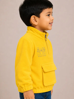 BloomUp Yellow Bear Graphic Half-Zip Sweatshirt for Kids – Soft Textured Winter Wear Pullover with Front Pocket