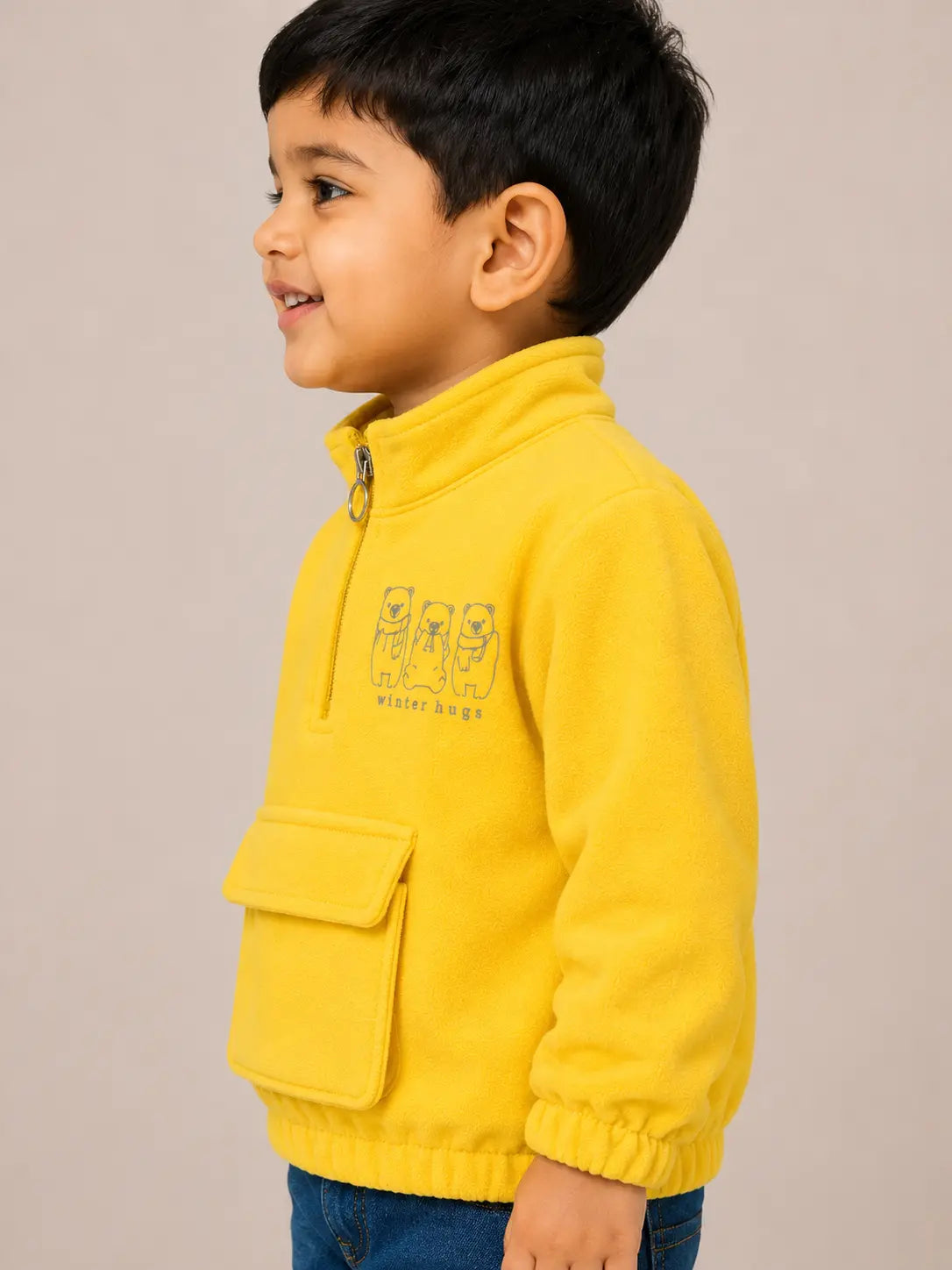 BloomUp Yellow Bear Graphic Half-Zip Sweatshirt for Kids – Soft Textured Winter Wear Pullover with Front Pocket