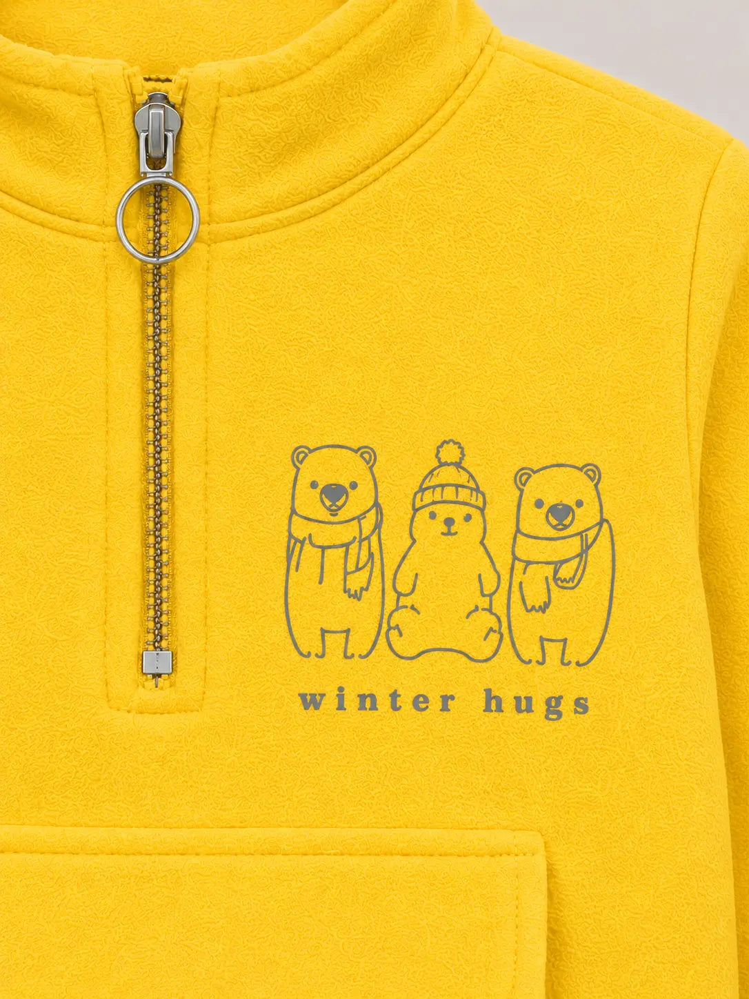 BloomUp Yellow Bear Graphic Half-Zip Sweatshirt for Kids – Soft Textured Winter Wear Pullover with Front Pocket