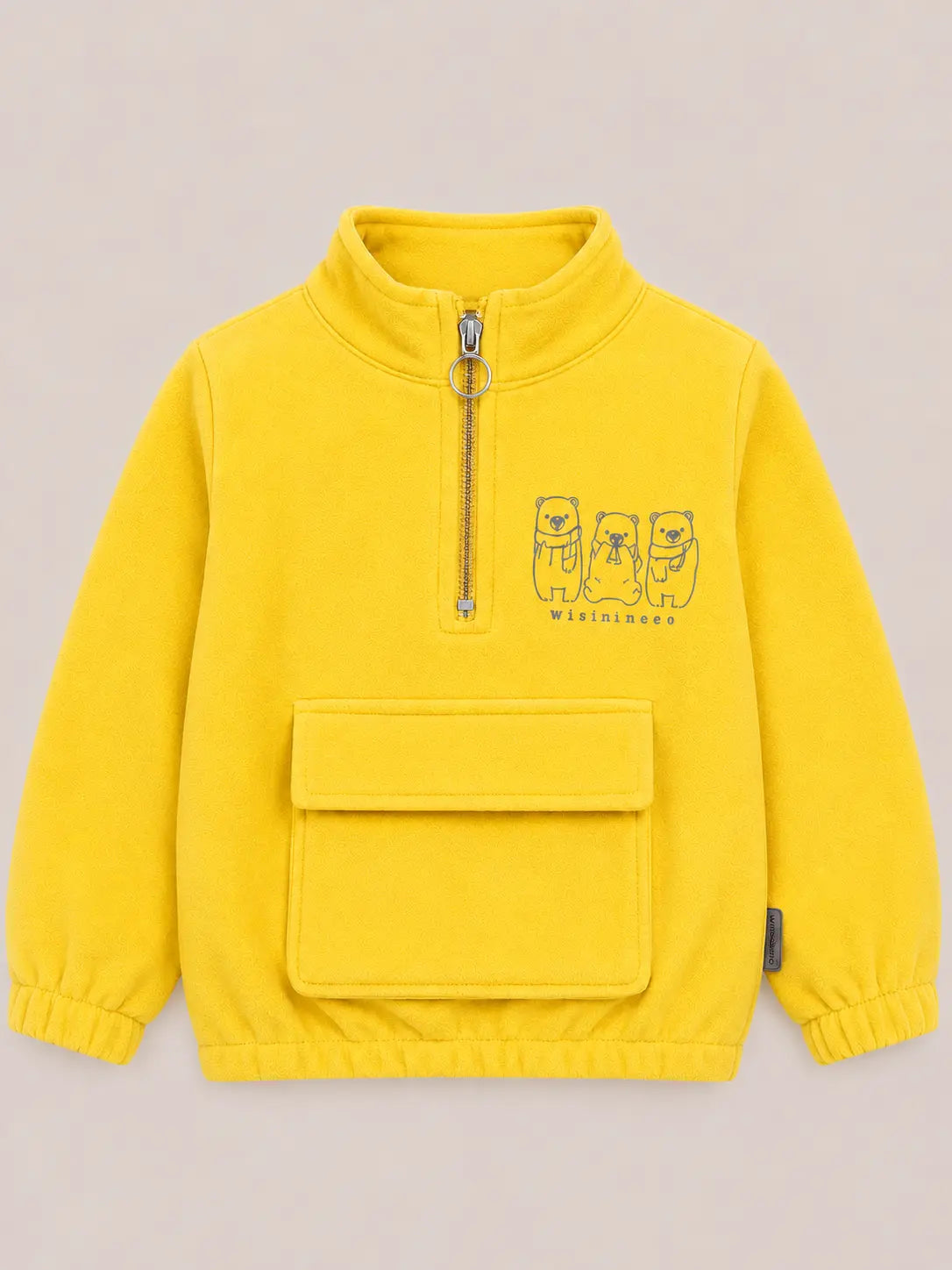 BloomUp Yellow Bear Graphic Half-Zip Sweatshirt for Kids – Soft Textured Winter Wear Pullover with Front Pocket
