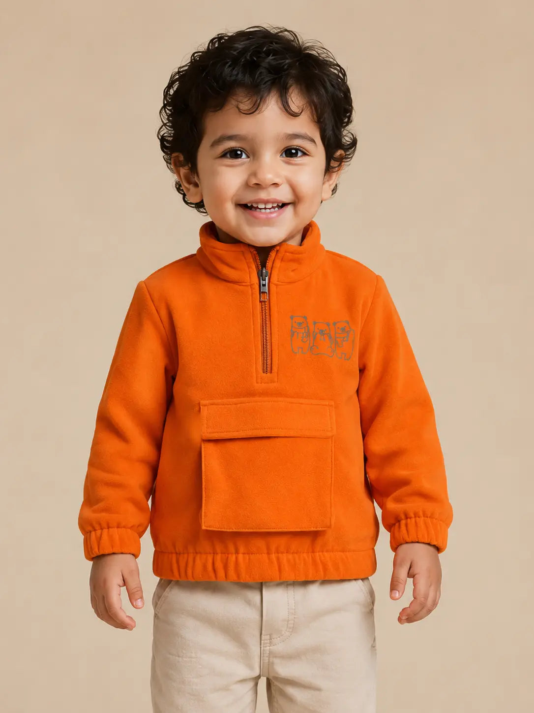 Orange Fleece Half-Zip Sweatshirt for Baby Boys – Soft Winter Pullover with Utility Pocket