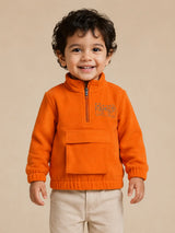 Orange Fleece Half-Zip Sweatshirt for Baby Boys – Soft Winter Pullover with Utility Pocket
