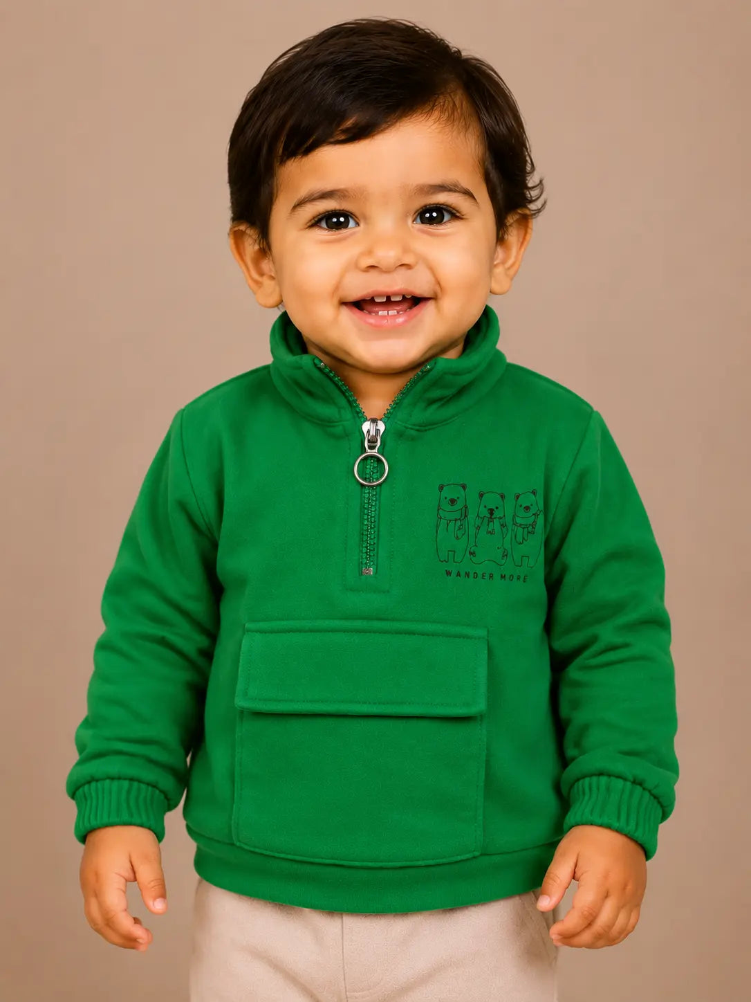 BloomUp Green Bear Graphic Half-Zip Sweatshirt for Kids – Soft Winter Wear Pullover with Front Pocket