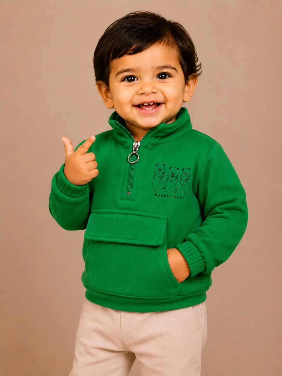 BloomUp Green Bear Graphic Half-Zip Sweatshirt for Kids – Soft Winter Wear Pullover with Front Pocket