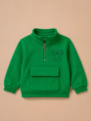 BloomUp Green Bear Graphic Half-Zip Sweatshirt for Kids – Soft Winter Wear Pullover with Front Pocket