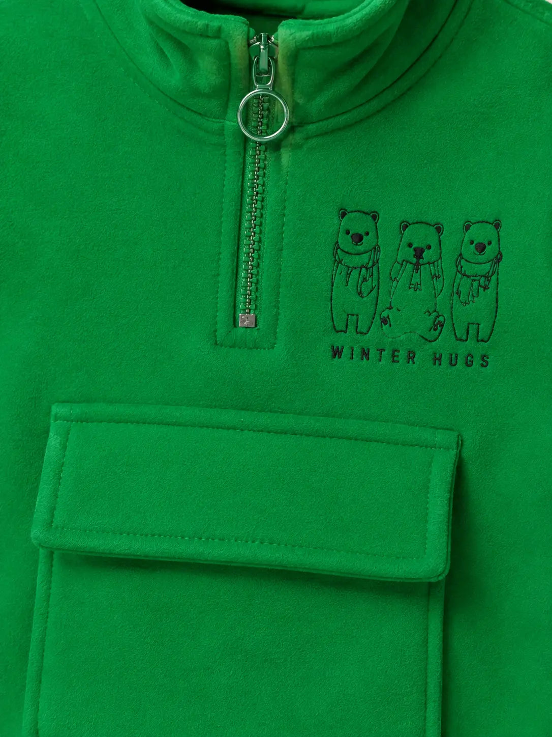 BloomUp Green Bear Graphic Half-Zip Sweatshirt for Kids – Soft Winter Wear Pullover with Front Pocket