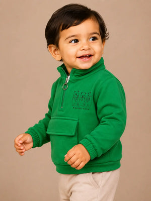 BloomUp Green Bear Graphic Half-Zip Sweatshirt for Kids – Soft Winter Wear Pullover with Front Pocket
