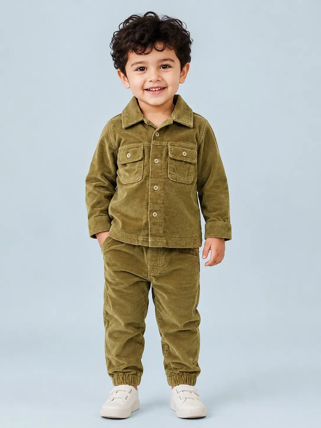 BloomUp Olive Corduroy Shirt Jacket & Jogger Set for Kids – Soft Cotton Blend Utility Co-ord Outfit for Boys & Girls