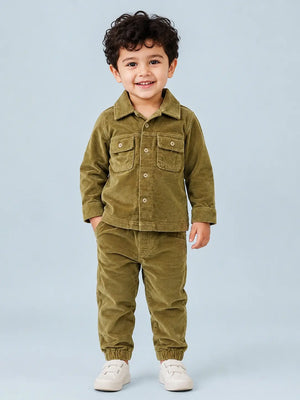 BloomUp Olive Corduroy Shirt Jacket & Jogger Set for Kids – Soft Cotton Blend Utility Co-ord Outfit for Boys & Girls