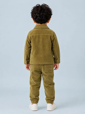 BloomUp Olive Corduroy Shirt Jacket & Jogger Set for Kids – Soft Cotton Blend Utility Co-ord Outfit for Boys & Girls