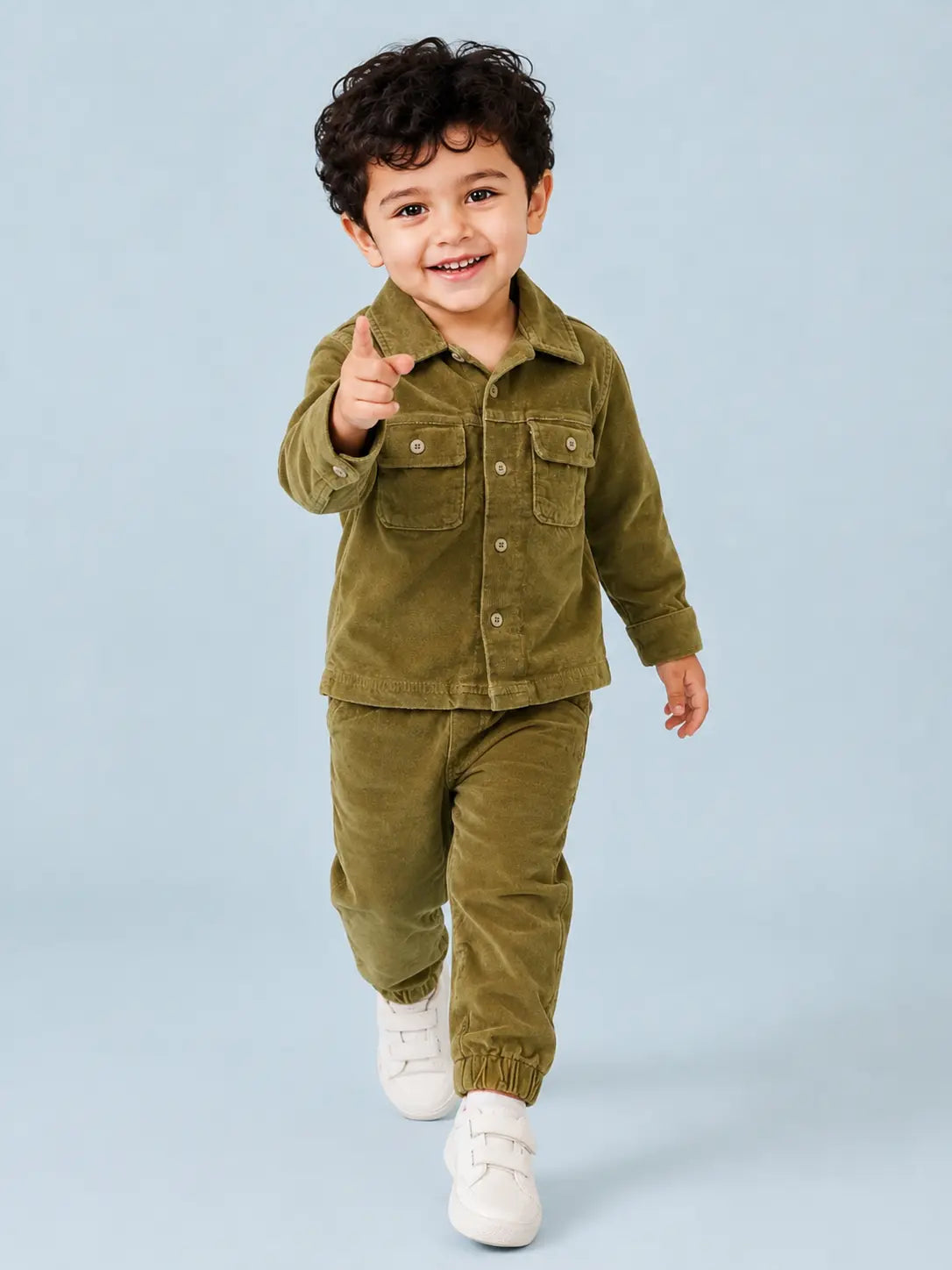 BloomUp Olive Corduroy Shirt Jacket & Jogger Set for Kids – Soft Cotton Blend Utility Co-ord Outfit for Boys & Girls