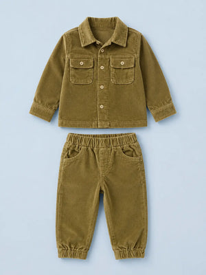 BloomUp Olive Corduroy Shirt Jacket & Jogger Set for Kids – Soft Cotton Blend Utility Co-ord Outfit for Boys & Girls