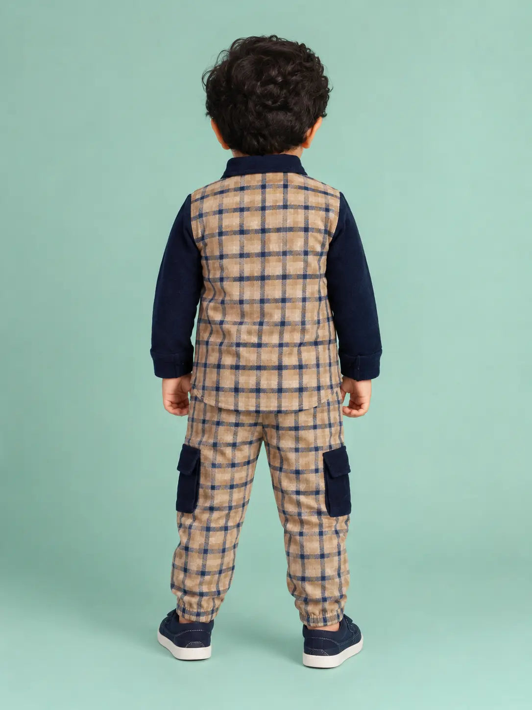 BloomUp Beige & Navy Checked Co-ord Set for Baby Boys – Full Sleeve Shirt & Cargo Jogger Pants Kids Outfit