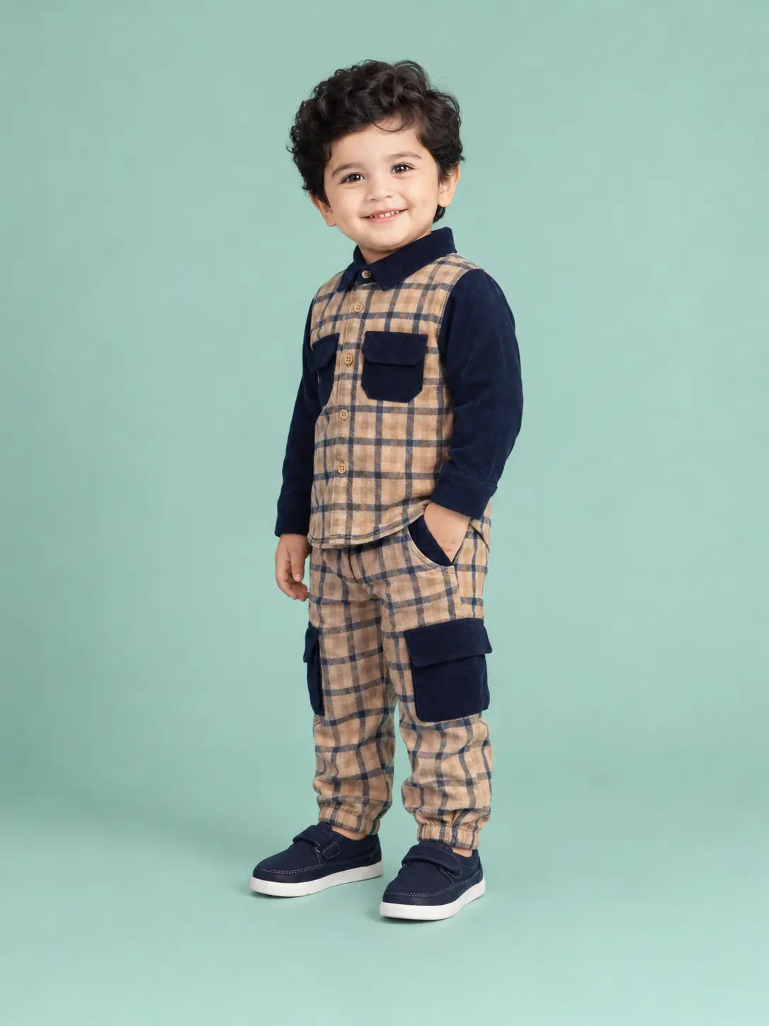 BloomUp Beige & Navy Checked Co-ord Set for Baby Boys – Full Sleeve Shirt & Cargo Jogger Pants Kids Outfit