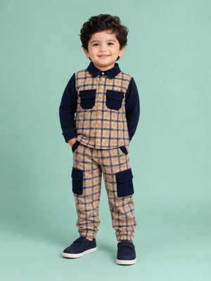 BloomUp Beige & Navy Checked Co-ord Set for Baby Boys – Full Sleeve Shirt & Cargo Jogger Pants Kids Outfit