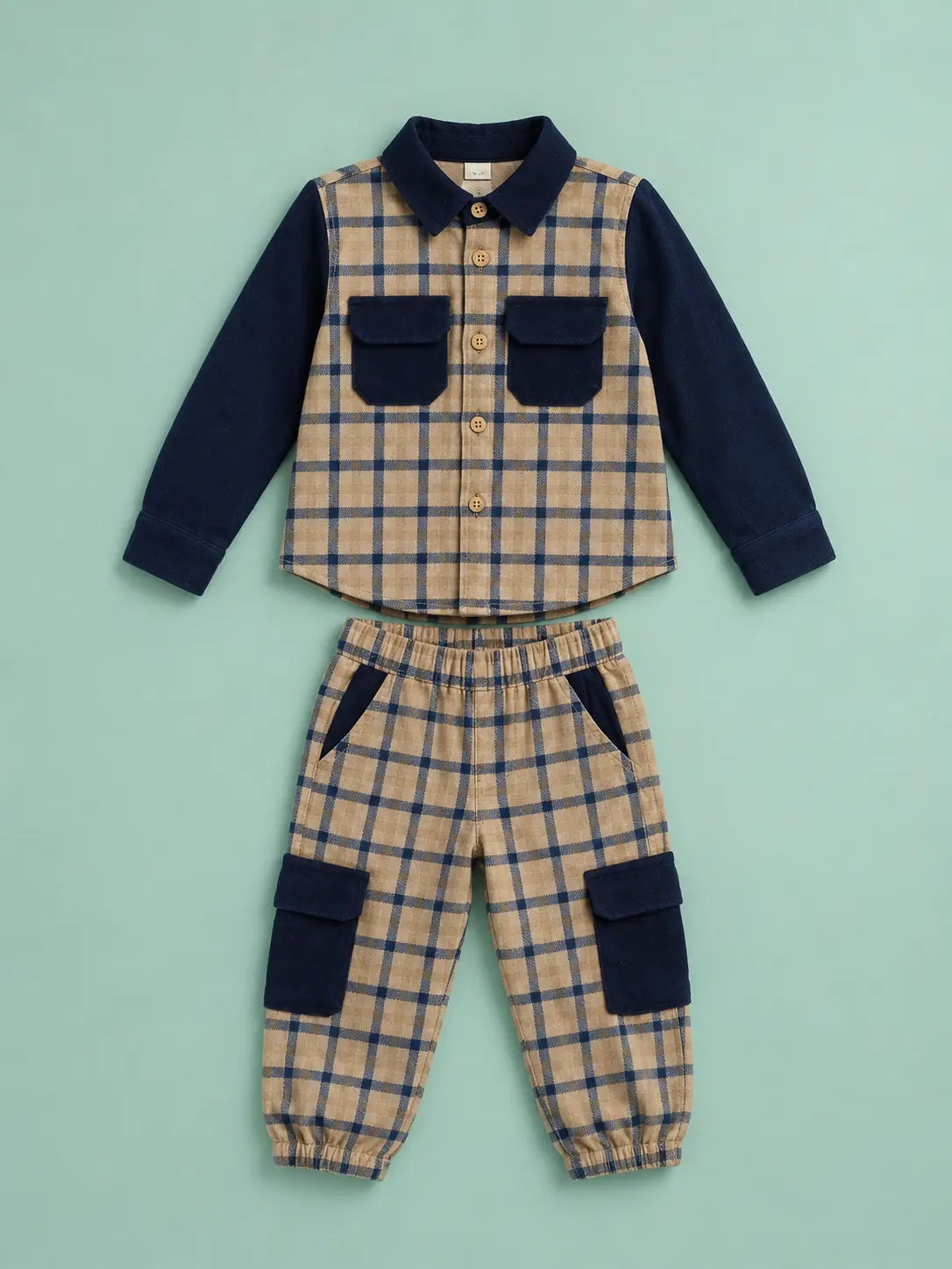 BloomUp Beige & Navy Checked Co-ord Set for Baby Boys – Full Sleeve Shirt & Cargo Jogger Pants Kids Outfit