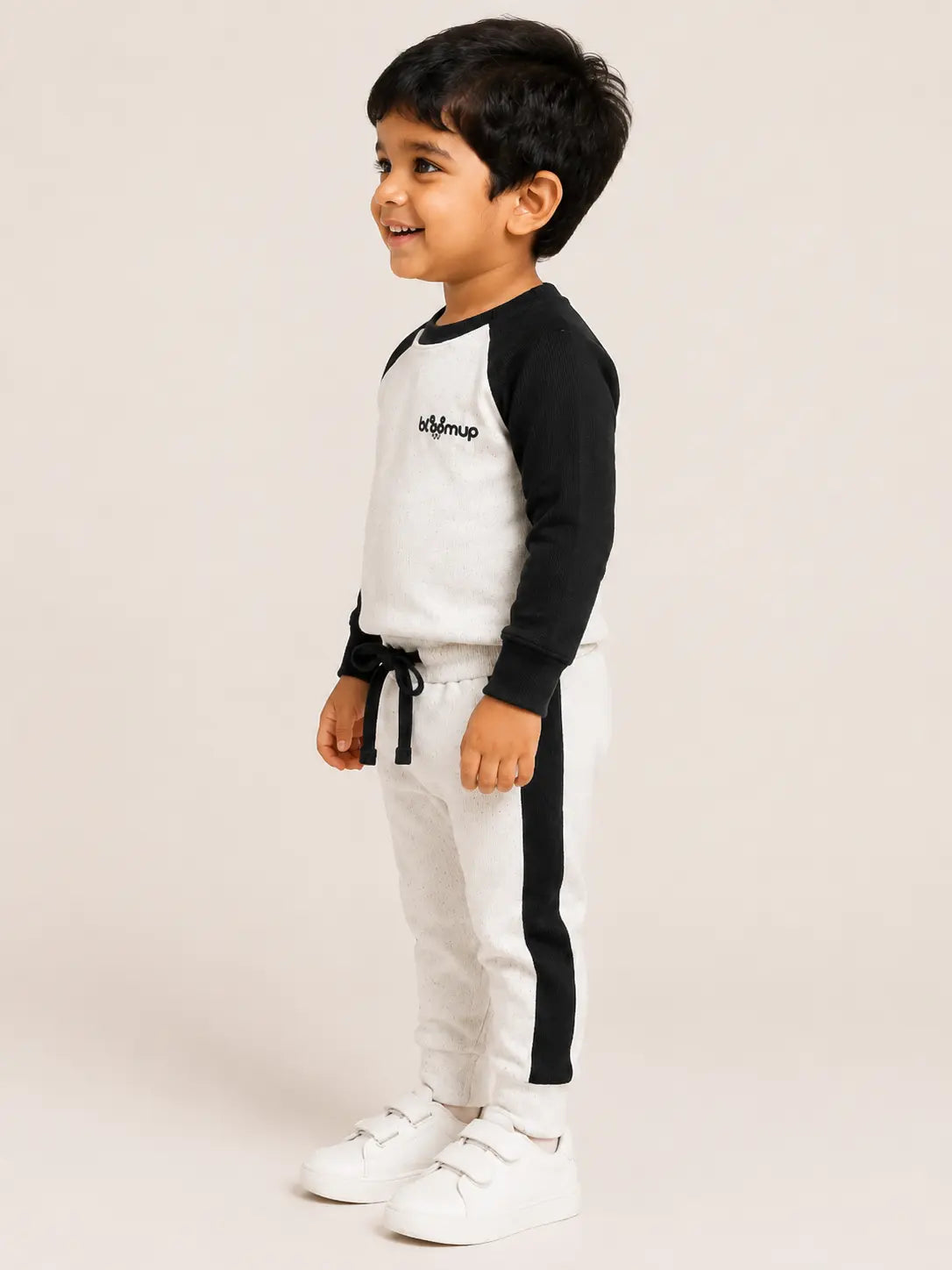 BloomUp Black & White Raglan Co-ord Set for Kids – Soft Cotton Casual Wear Sweatshirt & Jogger Outfit